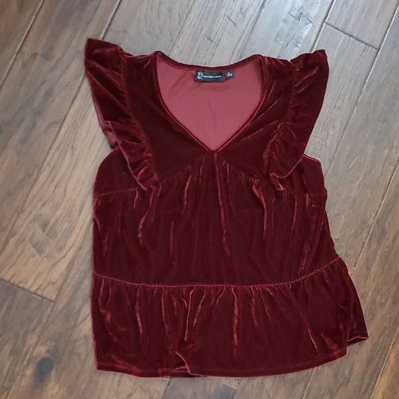 New York & Company Velvet Ruffle Sleeve Blouse - Deep Burgandy Red size Medium - Picture 1 of 7